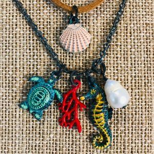 COASTAL LAYERED BEACH NECKLACE W/ TURTLE EARRINGS